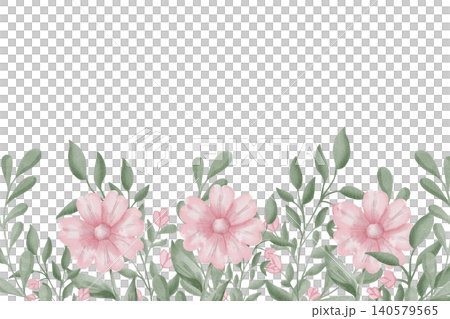 Seamless watercolor horizontal border with pink daisies flowers, cosmos and green leaves on white background. Floral vintage illustration for banners, postcards, wallpaper design, interior decor. Seamless watercolor horizontal border with pink daisies flowers, cosmos and green leaves on white background. Floral vintage illustration for banners, postcards, wallpaper design, interior decor. 140579565