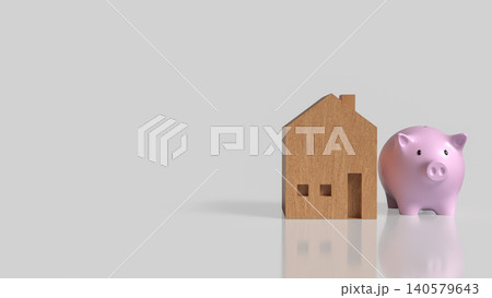 Piggy Bank And Wooden House For Home Saving Goals 3d render. 140579643