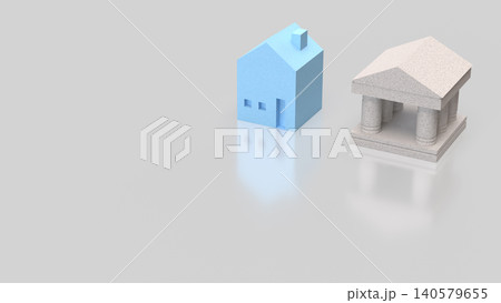 Blue House And Bank Building Comparison Concept 3d render. 140579655