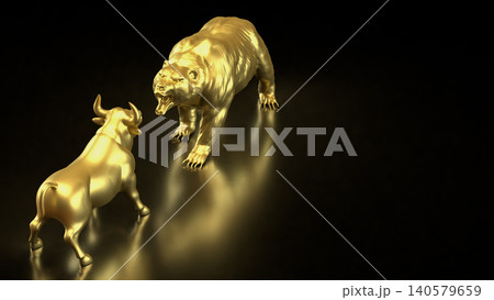 Golden Bear And Bull Market Showdown In Darkness 3d Render. 140579659
