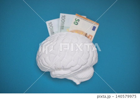 White brain model with euro banknotes partially inserted, placed on a blue background, symbolizing financial intelligence and investment concepts White brain model with euro banknotes partially inserted, placed on a blue background, symbolizing financial intelligence and investment concepts 140579975