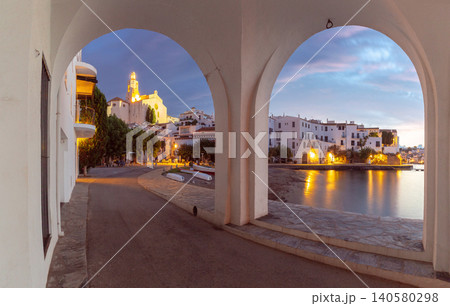 Dawn Waterfront View of Cadaques Bay and Historic Buildings Spain 140580298