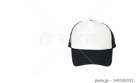 black and white mesh baseball trucker hat placed centrally and turned to the right side on white background black and white mesh baseball trucker hat placed centrally and turned to the right side on white background 140580335