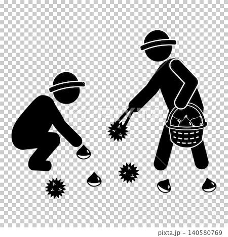 Silhouettes of two people picking chestnuts 140580769