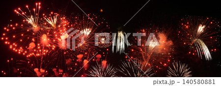 Banner Red Firework celebrate anniversary happy new year 2024 4th of july holiday festival. Banner red firework night time celebrate national holiday. Countdown new year 2025 festival with copy space 140580881