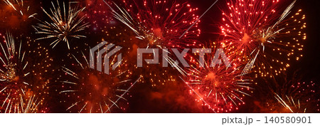 Banner Red Firework celebrate anniversary happy new year 2024 4th of july holiday festival. Banner red firework night time celebrate national holiday. Countdown new year 2025 festival with copy space 140580901