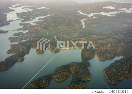 aerial view over Billings dam in Sao Bernardo do Campo city, next to Sao Paulo, Brazil 140581012