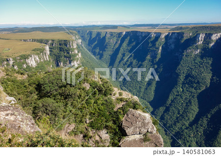 Breathtaking view of Fortaleza canyon in Cambara do Sul, RS, Brazil, in the morning. Panoramic 140581063