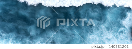 Banner Turquoise ocean sea water white wave pattern splashing deep blue sea. Banner Tropical sea beach Seascape dark background wave splash on rock. Summer Ocean Surface big wave with copy space 140581201