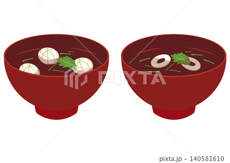 お麩と三つ葉のお吸い物2種類セットのイラスト お麩と三つ葉のお吸い物2種類セットのイラスト 140581610
