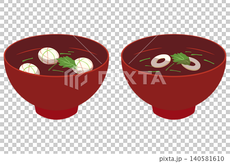 お麩と三つ葉のお吸い物2種類セットのイラスト お麩と三つ葉のお吸い物2種類セットのイラスト 140581610