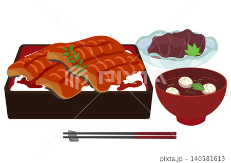 うな重とお吸い物と土用餅の御膳セットのイラスト うな重とお吸い物と土用餅の御膳セットのイラスト 140581613