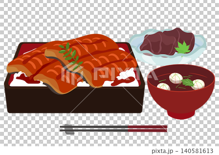 うな重とお吸い物と土用餅の御膳セットのイラスト うな重とお吸い物と土用餅の御膳セットのイラスト 140581613