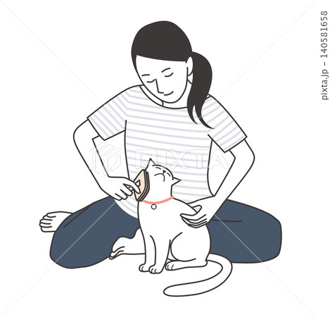 飼い猫にやさしくブラッシングする女性のベクターイラスト 飼い猫にやさしくブラッシングする女性のベクターイラスト 140581658