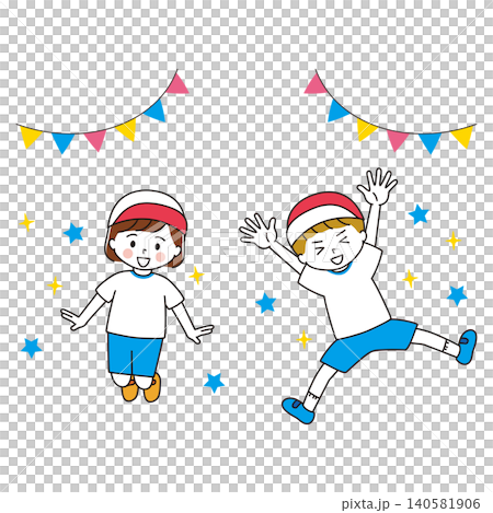 An illustration of a girl and a boy in gym clothes jumping energetically. 140581906