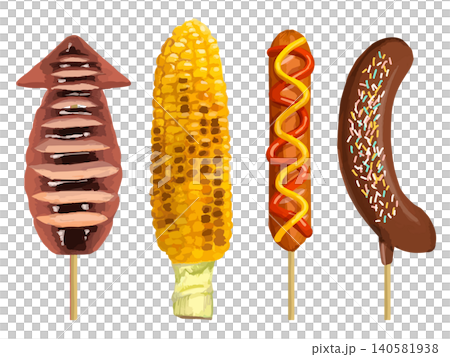 Food stalls selling grilled squid, grilled corn, frankfurters, and chocolate-covered bananas. Food stalls selling grilled squid, grilled corn, frankfurters, and chocolate-covered bananas. 140581938