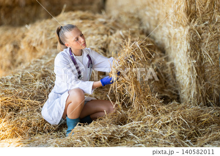 Young female vet inspect straw in storage Young female vet inspect straw in storage 140582011