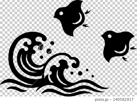 切り絵風のシンプルな波と浜千鳥のイラスト	 140582917