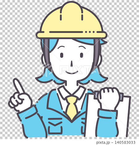 Simple illustration of a woman in work clothes pointing with a document in one hand. Simple illustration of a woman in work clothes pointing with a document in one hand. 140583033