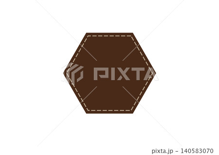 Brown stitched hexagon badge sits centered offering a blank rustic emblem or label template for logos, packaging, craft projects, or graphic design mockups Brown stitched hexagon badge sits centered offering a blank rustic emblem or label template for logos, packaging, craft projects, or graphic design mockups 140583070