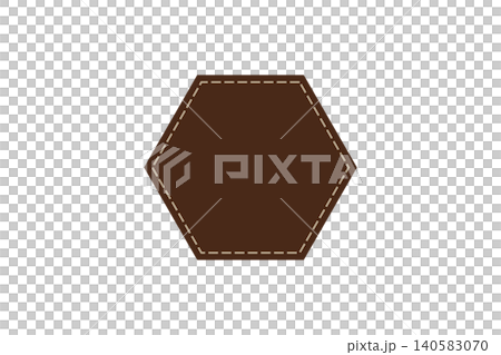 Brown stitched hexagon badge sits centered offering a blank rustic emblem or label template for logos, packaging, craft projects, or graphic design mockups Brown stitched hexagon badge sits centered offering a blank rustic emblem or label template for logos, packaging, craft projects, or graphic design mockups 140583070