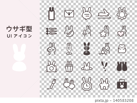 Rabbit-shaped UI icons, set of 25 (line art/vector). 140583208