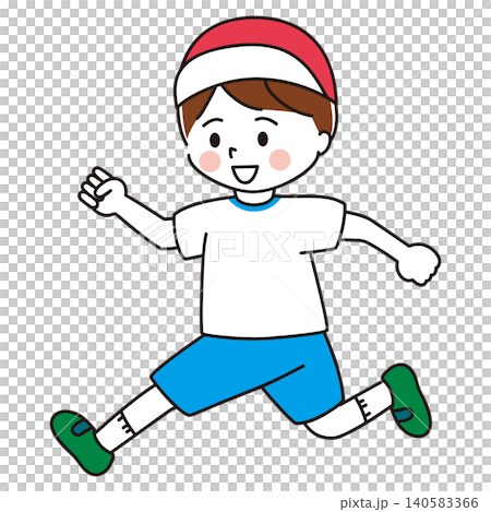 An illustration of a boy in gym clothes running energetically. 140583366