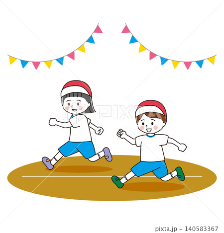 元気に走る体操着の女の子と男の子のイラスト　運動場 140583367