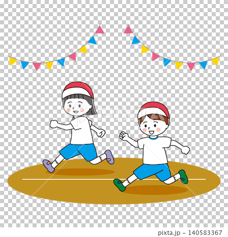 元気に走る体操着の女の子と男の子のイラスト　運動場 140583367
