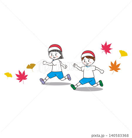 元気に走る体操着の女の子と男の子のイラスト　紅葉 140583368