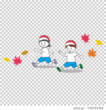 An illustration of a girl and a boy in gym clothes running energetically, with autumn leaves. 140583368