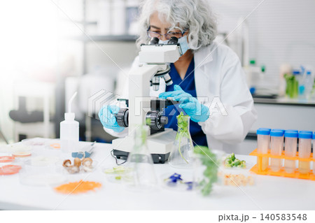 Experienced scientist analyzing food samples under a microscope in a modern laboratory, supporting food safety, quality control, biotechnology, and scientific research. Experienced scientist analyzing food samples under a microscope in a modern laboratory, supporting food safety, quality control, biotechnology, and scientific research. 140583548