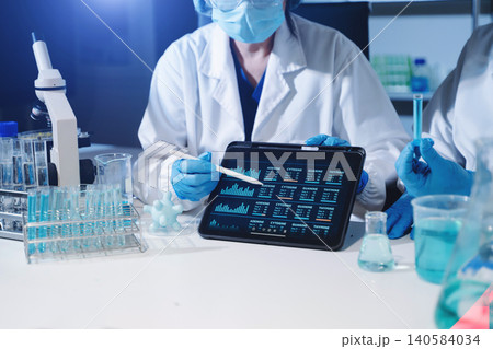 Scientists performing medical laboratory research using DNA analysis, biotechnology technology, microscope testing and digital healthcare data 140584034