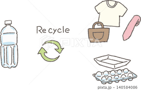 ペットボトルのリサイクルと生まれ変わる製品(服・ネクタイ・鞄・卵パック・食品トレー)の図解イラスト ペットボトルのリサイクルと生まれ変わる製品(服・ネクタイ・鞄・卵パック・食品トレー)の図解イラスト 140584086