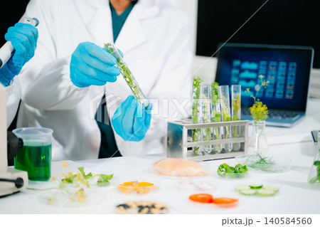 Scientists analyzing plant samples in biotechnology laboratory using microscope and test tubes. Concept of medical research, food science Scientists analyzing plant samples in biotechnology laboratory using microscope and test tubes. Concept of medical research, food science 140584560
