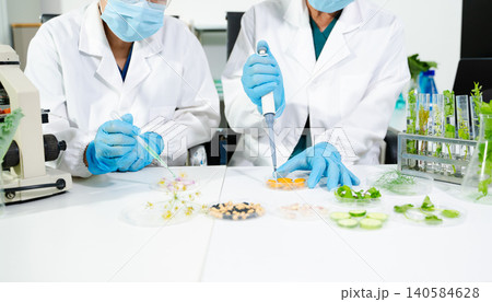 Food scientists in lab coats, testing samples, and analyzing food safety and quality in a modern laboratory Food scientists in lab coats, testing samples, and analyzing food safety and quality in a modern laboratory 140584628