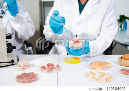Food lab testing meat quality and safety with scientific analysis, hygiene control, and modern technology for healthy, clean Food lab testing meat quality and safety with scientific analysis, hygiene control, and modern technology for healthy, clean 140584693