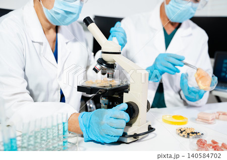 Food lab testing meat quality and safety with scientific analysis, hygiene control, and modern technology for healthy, clean Food lab testing meat quality and safety with scientific analysis, hygiene control, and modern technology for healthy, clean 140584702