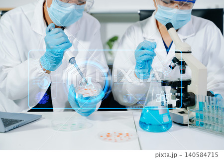 Scientists performing DNA genome analysis using digital tablet interface in biotechnology laboratory for medical research, genetics, pharmaceutical innovation and AI diagnostics. 140584715