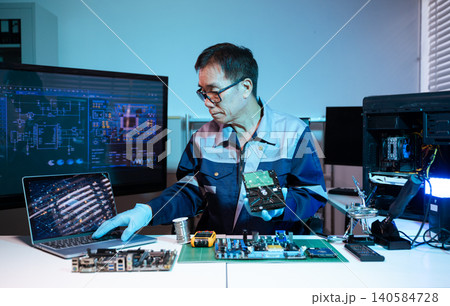 Closeup of expert soldering a green PCB board using precision tools. Ideal for electronics, circuit repair, engineering, tech 140584728