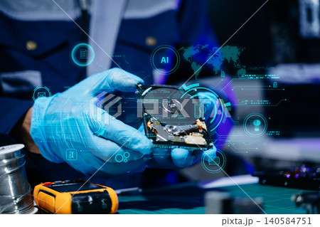 Technician repairing hard drive with futuristic cybersecurity interface, digital storage, AI technology, electronics engineering, and advanced IT workspace. 140584751