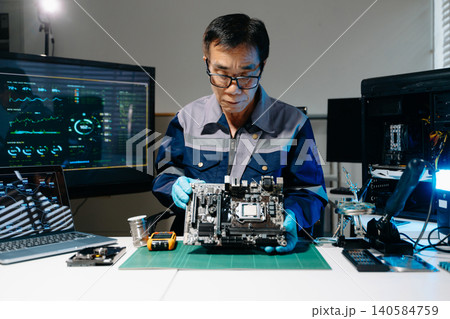 Professional senior technician holding and inspecting computer motherboard at high-tech electronics repair workstation Professional senior technician holding and inspecting computer motherboard at high-tech electronics repair workstation 140584759