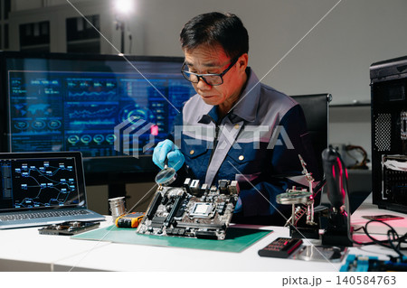 Professional senior technician holding and inspecting computer motherboard at high-tech electronics repair workstation 140584763