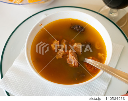 Stewed lentils with sausages, spanish Riojan lentils 140584938