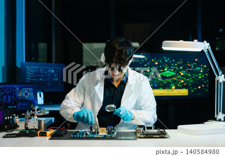 Technician inspecting computer motherboard with magnifying glass in a high-tech electronics lab, focusing on hardware diagnostics, cybersecurity system Technician inspecting computer motherboard with magnifying glass in a high-tech electronics lab, focusing on hardware diagnostics, cybersecurity system 140584980