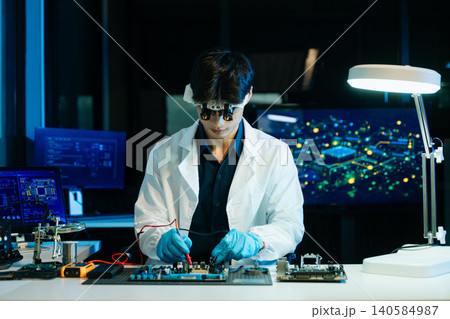 Technician repairing computer motherboard with diagnostic tools in a high-tech electronics lab, focusing on hardware engineering, cybersecurity systems, Technician repairing computer motherboard with diagnostic tools in a high-tech electronics lab, focusing on hardware engineering, cybersecurity systems, 140584987