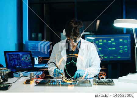 Cybersecurity engineer soldering circuit board in high-tech laboratory with digital security interface, representing technology, hardware engineering, data protection Cybersecurity engineer soldering circuit board in high-tech laboratory with digital security interface, representing technology, hardware engineering, data protection 140585006