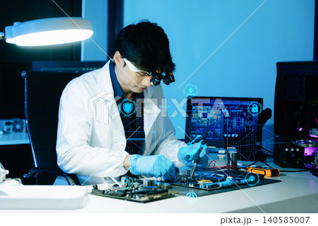 Technician repairing computer motherboard with soldering tools in a high-tech laboratory, focusing on electronics engineering, hardware diagnostics, cybersecurity systems Technician repairing computer motherboard with soldering tools in a high-tech laboratory, focusing on electronics engineering, hardware diagnostics, cybersecurity systems 140585007