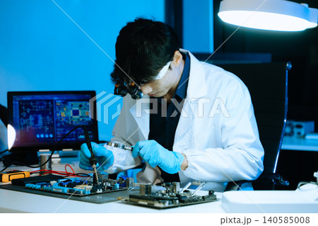 Technician repairing computer motherboard with soldering tools in a high-tech laboratory, focusing on electronics engineering, hardware diagnostics, cybersecurity systems 140585008