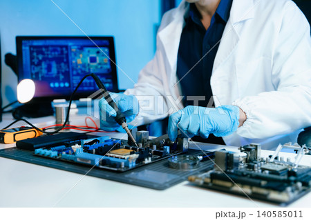Technician repairing computer motherboard with soldering tools in a high-tech laboratory, focusing on electronics engineering, hardware diagnostics, cybersecurity systems Technician repairing computer motherboard with soldering tools in a high-tech laboratory, focusing on electronics engineering, hardware diagnostics, cybersecurity systems 140585011